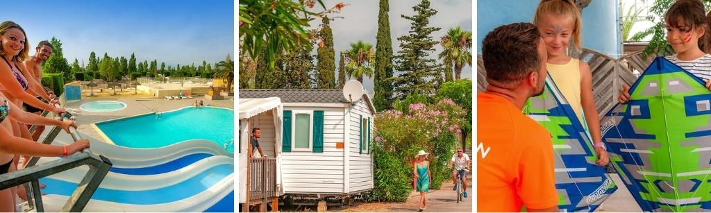 fotocollage van camping L'Europe in de buurt van Montpellier met een foto van het zwembad en de waterglijbanen, een foto van een pad met stacaravan en een foto van een animatie lid met twee geschminkte meisjes