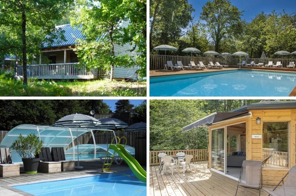 fotocollage van vakantiedomein Castelwood met een foto van een houten chalet, een foto van het lege zwembad met rondom strandstoelen en parasols, een foto van een deel overdekt zwembad en peuterbad met glijbaan, en nog een foto van een luxe houten chalet met houten terras