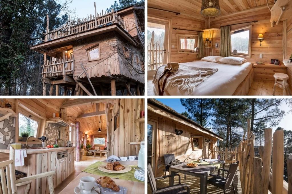 fotocollage van een boomhut in het Franse departement Vienne met een foto van de woonkamer, een foto van de slaapkamer, een foto van het terras en een foto van de buitenkant