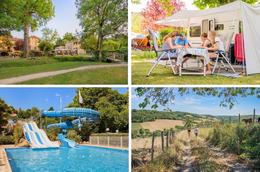 fotocollage van vakantiepark RCN le Moulin de la Pique in Pays-de-Belvès in de Dordogne met een foto van het terrein, een foto van een gezin met een stacaravan, een foto van het zwembad met glijbanen en een foto van mensen de in de omgeving wandelen.