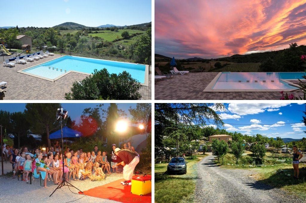 fotocollage van Domaine de Chadeyron in de Ardèche met twee foto's van het zwembad, waarvan één tijdens zonsondergang, een foto van kinderen die naar een animatieshow kijken en een foto van een pad met kampeerplaatsen