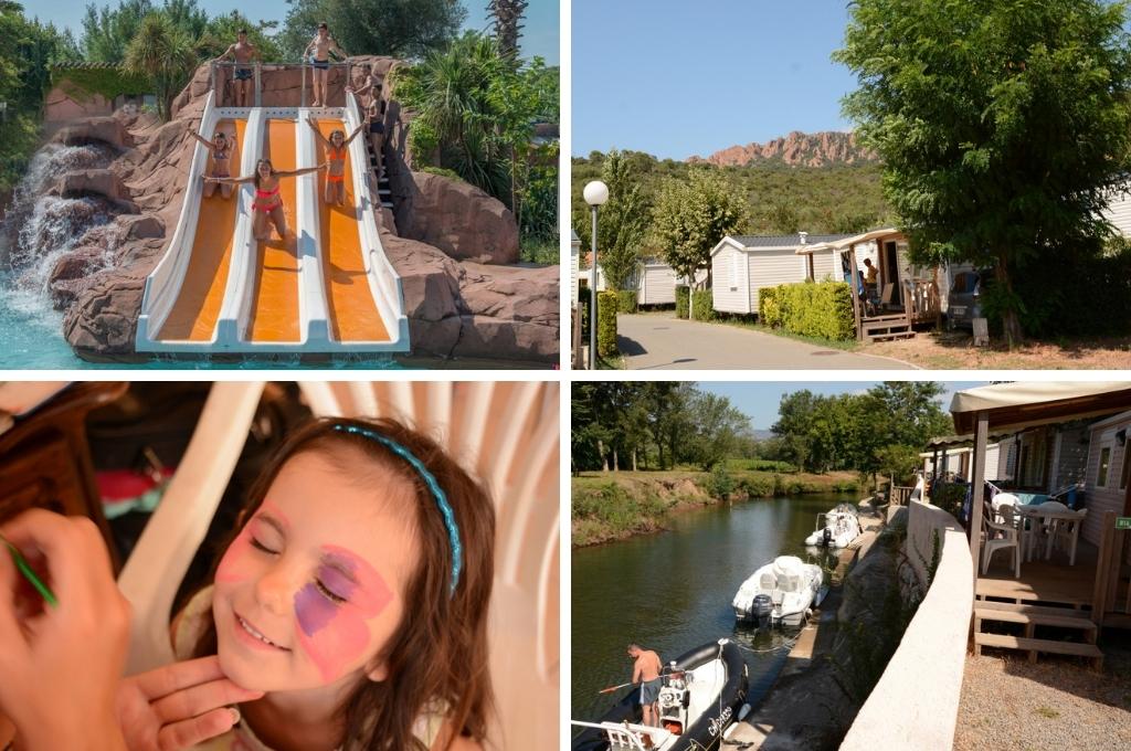 fotocollage van Camping Le Vallée du Paradis in Agay met een foto van de waterglijbanen, een foto van een pad met stacaravans, een foto van een meisje dat geschminkt wordt en een foto van stacaravans gelegen aan de rivier waar bootjes zijn aangelegd