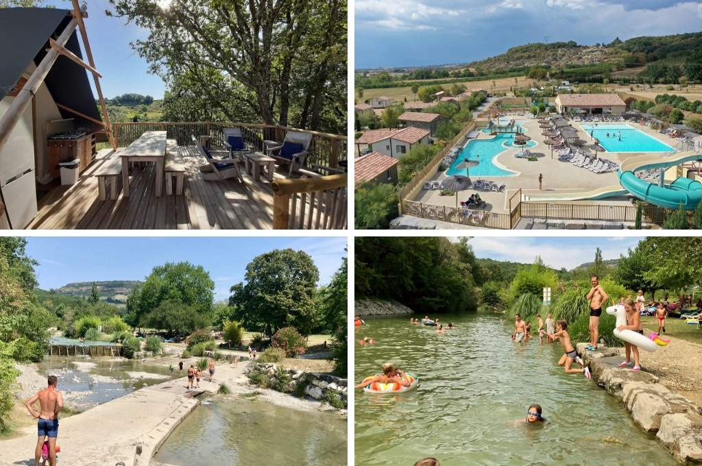 fotocollage van Camping Les Arches in de Ardèche met een foto van een terras bij een safaritent, een overzichtsfoto van het zwembad en twee foto's van de rivier bij de camping