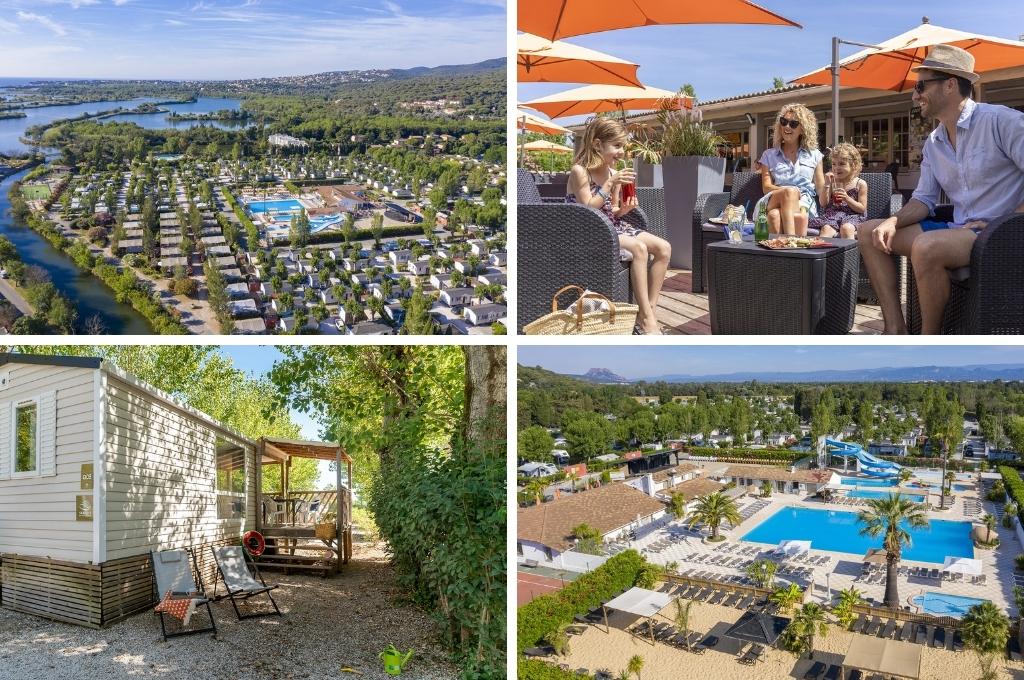 fotocollage van Sandaya Camping Riviera d'Azur met een foto van het bovenaanzicht, een foto van een gezin op het terras, een foto van een stacaravan en een foto van het zwembadcomplex