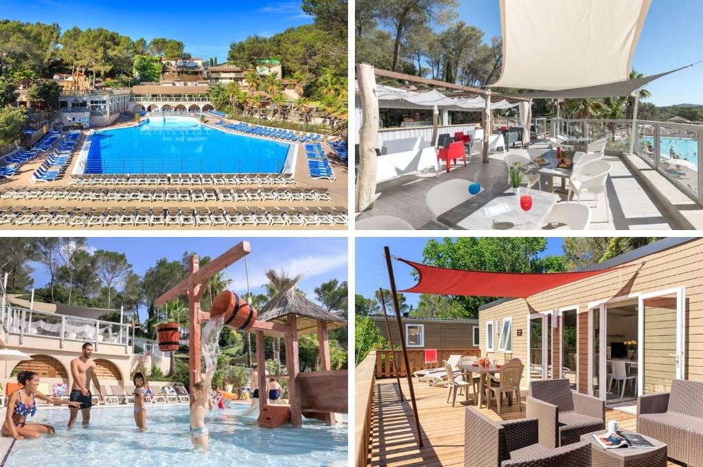 fotocollage van Camping Holiday Green in Fréjus met een foto van het zwembad, een foto van het terras naast het zwembad, een gezin in het kleuterbadje en een terras van een stacaravan