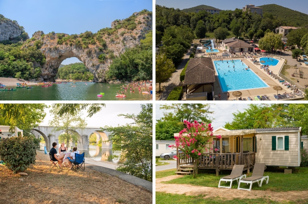fotocollage van vakantiepark RCN La Bastide en Ardèche met een foto van de Pont d'Arc, een foto van het zwembadcomplex, een foto van een moeder met twee jongens die picknicken aan de rivier en een foto van een stacaravan met overdekte veranda
