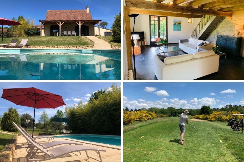 fotocollage van een vakantiehuis in Sainte-Alvère met een foto met het zwembad op de voorgrond en het huis daarachter, een foto van de zitkamer, een foto van de ligstoelen en parasol bij het zwembad en een foto van de rug van een meneer die aan het golfen is
