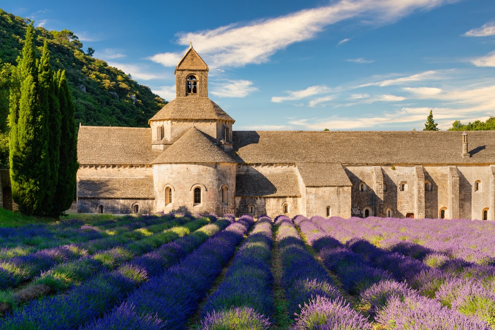 Oud stenen klooster gelegen in een paars gekleurd lavendelveld.