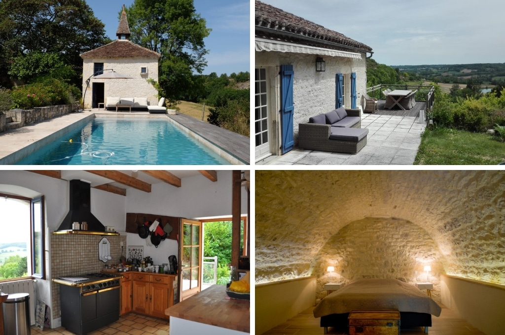 fotocollage van een vakantiehuis in Lendou-en-Quercy met een foto van het zwembad en aan het eind een loungebank en parasol, een foto van het terras met uitzicht op het dal, een foto van het oude keukentje en een foto van een authentieke slaapkamer met stenen muren en plafond