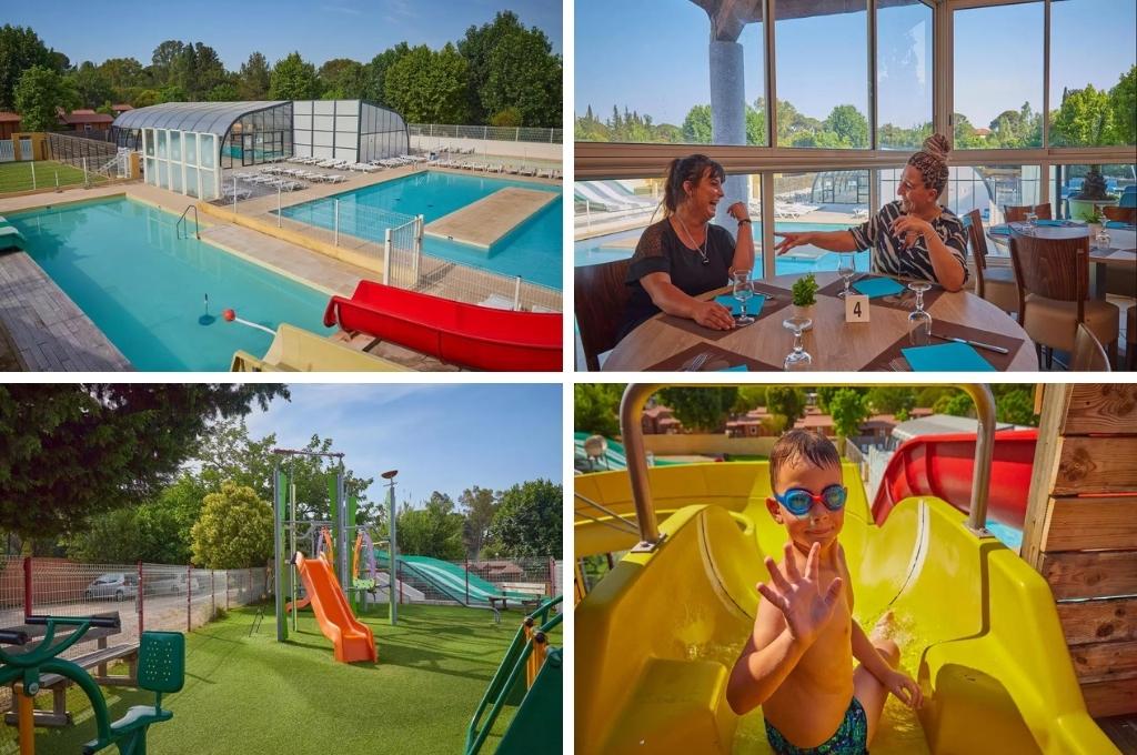 fotocollage van Camping Le Fréjus met een foto van het zwembad, een foto van twee dames in het restaurant, een foto van de speeltuin en een foto van een jongetje dat van de glijbaan afgaat