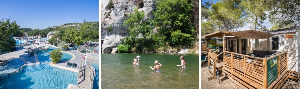 fotocollage van Camping Le Ranc Davaine in de Ardèche met een foto van het zwembadcomplex, een foto van de rivier met kinderen die spelen met een bal en een foto van een stacaravan