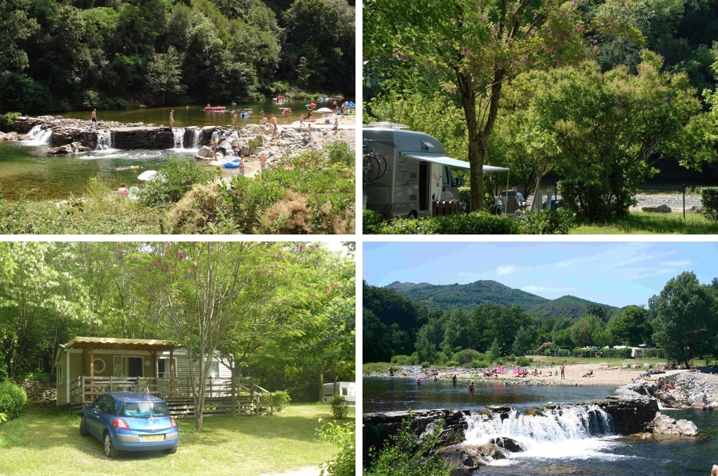 fotocollage van camping Le Ventadour in de Ardèche met twee foto's van de rivier, een foto van een camper op een kampeerplaat aan het water en een foto van een stacaravan met daarvoor een geparkeerde auto