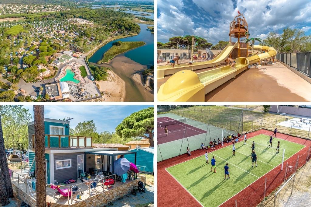 fotocollage van Camping Saint-Aygulf Plage in Fréjus met een foto van het bovenaanzicht, een foto van de waterglijbanen, een foto van een lodge en een foto van een tennisbaan
