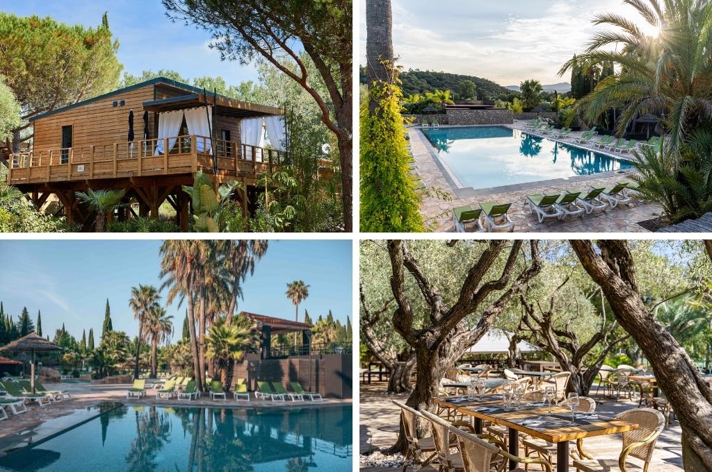 fotocollage van camping Ecolodge L'Étoile d'Argens in Fréjus met een foto van een lodge, twee foto's van verschillende zwembaden en een foto van het terras tussen de bomen