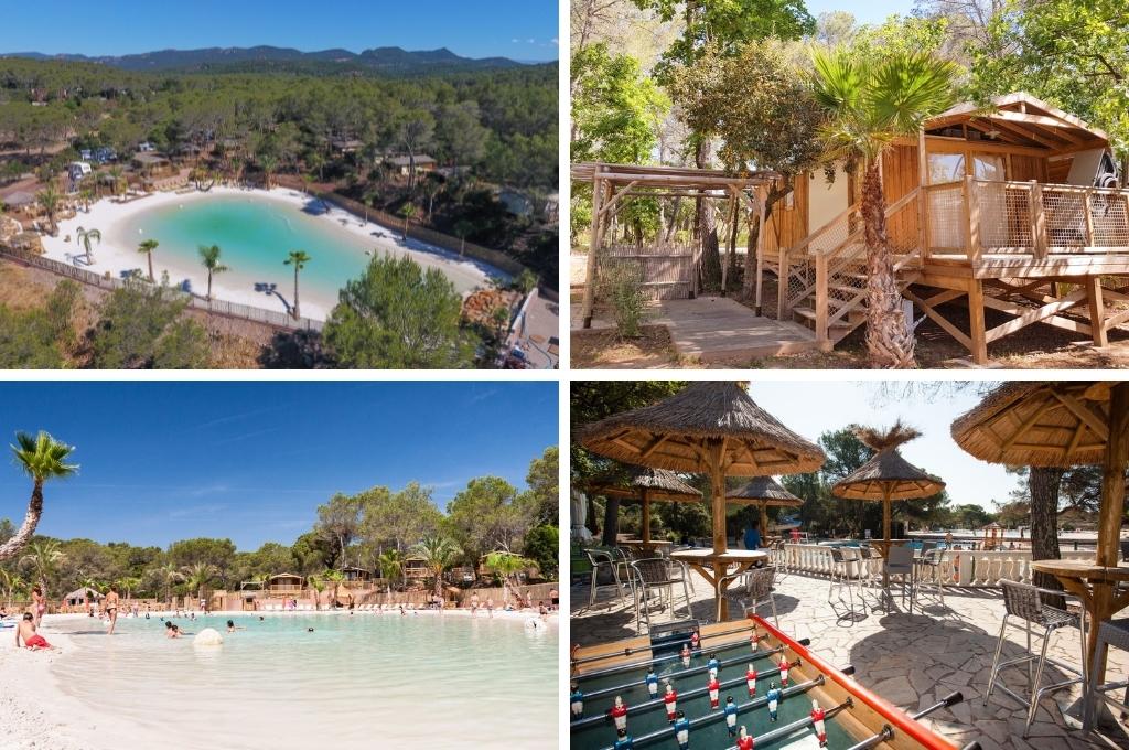 fotocollage van Camping La Pierre Verte in Fréjus met twee foto's van het lagunebad, een foto van een lodge en een foto van het terras naast het zwembad