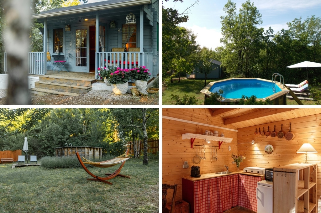 fotocollage van een vakantiehuis in Floressas met een foto van de schattige voorkant van het huis, een foto van het zwembad in de tuin, een foto van de hangmat, het zwembad en ligstoelen in de tuin en een foto van het keukentje