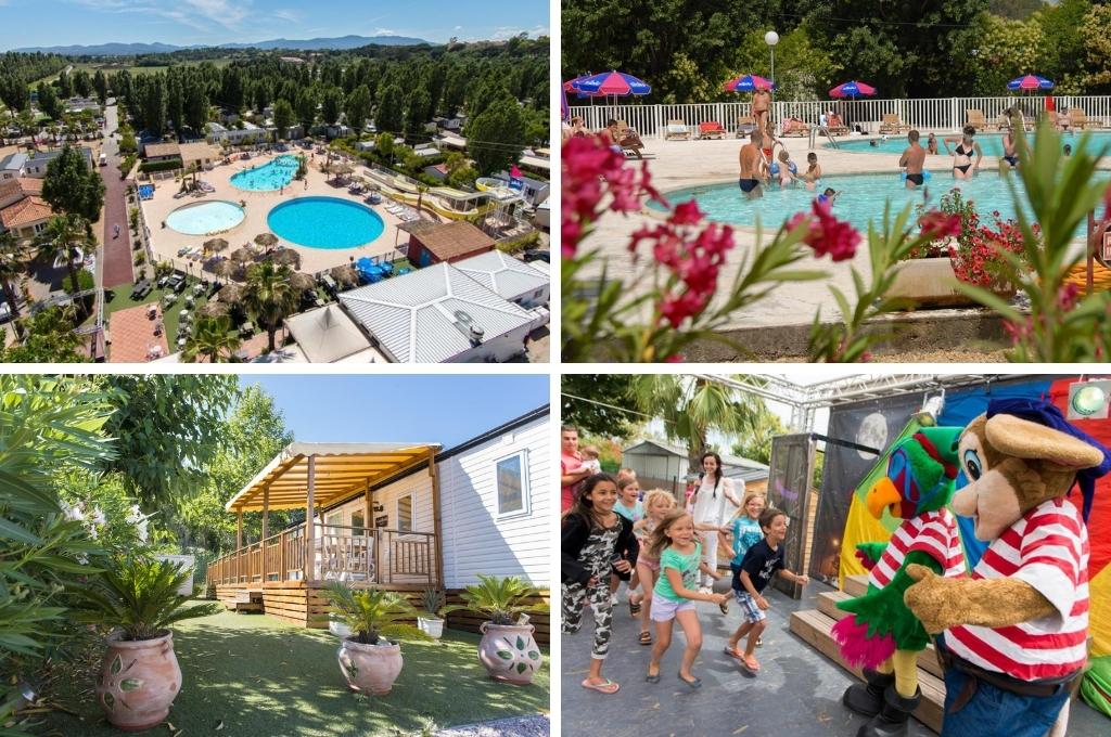 fotocollage van Siblu Camping Le Montourey in Fréjus met een foto van het bovenaanzicht, een foto van het zwembad, een foto van een stacaravan en een foto van kinderen die naar de twee mascottes toe rennen