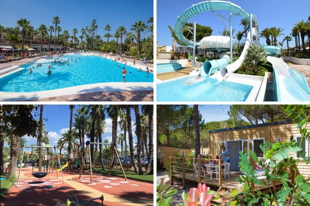 fotocollage van Camping La Baume in Fréjus met een foto van het zwembad, een foto van de waterglijbanen, een foto van de speeltuin en een foto van een gezin op het terras van een stacaravan