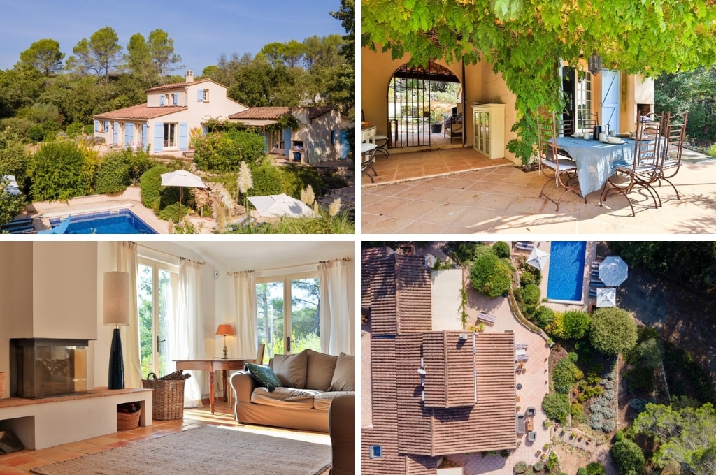 fotocollage van een vakantiehuis met zwembad in Lorgues met een foto van de buitenkant, een foto van een terras met gedekte tafel, een foto van de woonkamer met open haard en een foto van het huis vanuit de lucht genomen