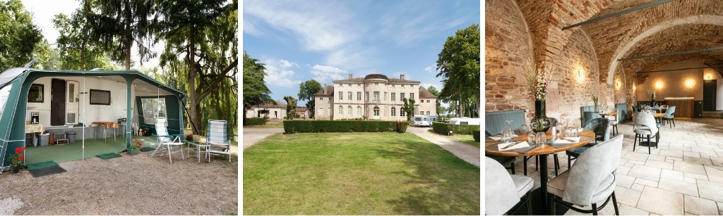 fotocollage van Camping de l'Epervière met een foto van een stacaravan met voortent en daarvoor twee klapstoelen, een foto van een lege kampeerplaats met op de achtergrond het kasteel, en een foto van het restaurant in het kasteel