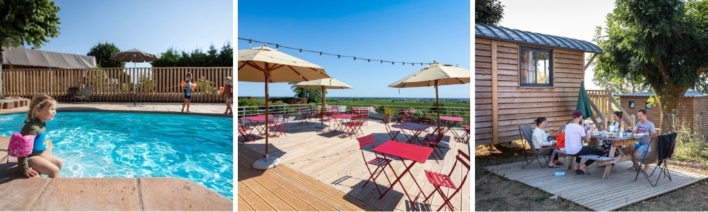 fotocollage van camping huttopia Meursault met een foto van een meisje dat aan de rand van het zwembad zit, een foto van een zonnig terras met rode tuintafeltjes en stoelen en een foto van een gezin dat voor hun houten woonwagen op het terras aan het eten is