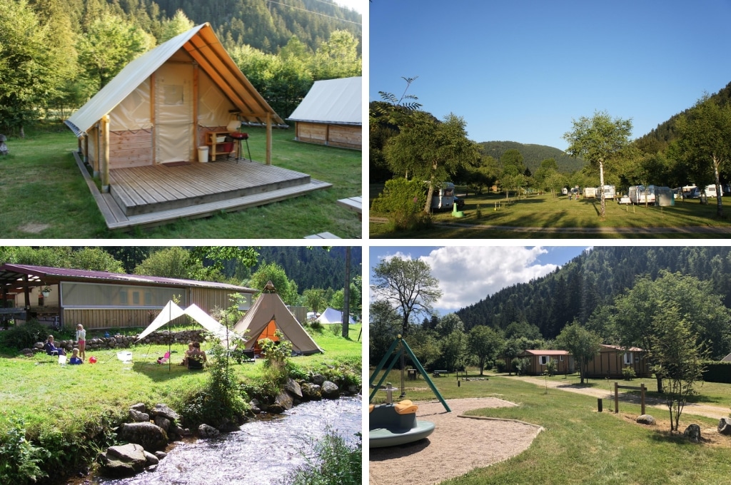 fotocollage van Camping La Vologne in de Vogezen met een foto van een tenthuisje, een foto van het kampeerterrein tussen de bergen, een foto van een tipitent aan een beekje en een foto van de speeltuin op het terrein