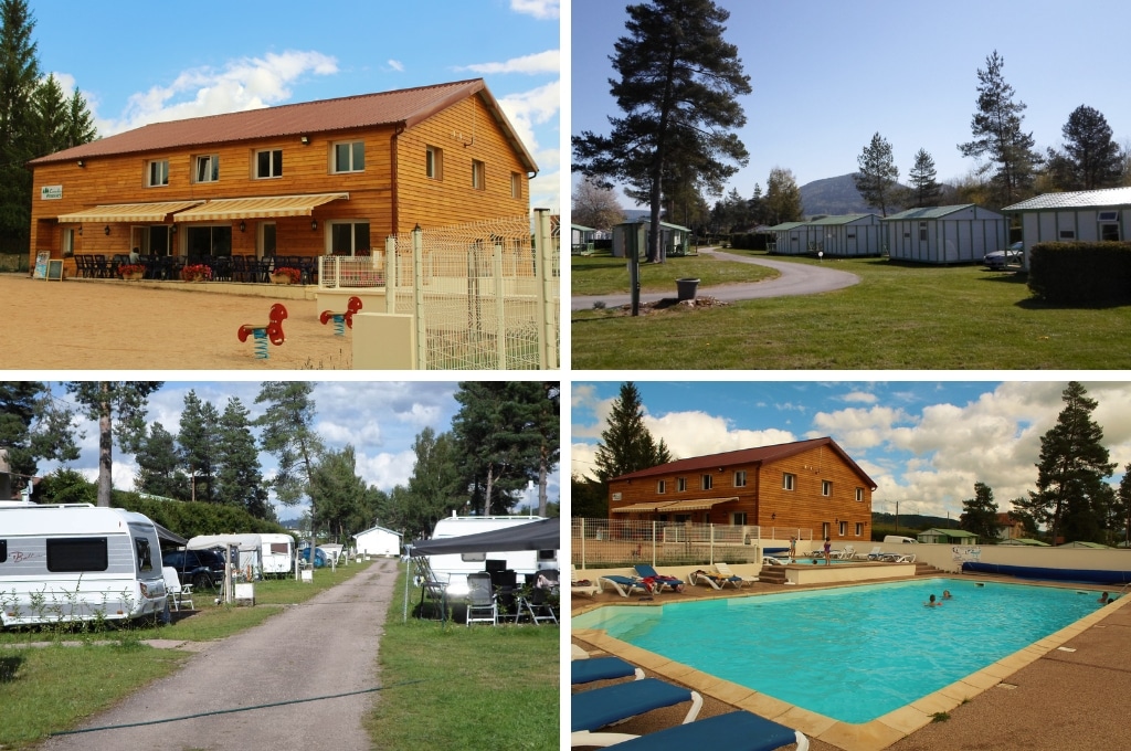 fotocollage van Camping Les Pinasses met een foto van een houten gebouw, een foto van een veld met stacaravans, een foto met een laantje met caravans en een foto van het zwembad waarin een paar mensen zwemmen