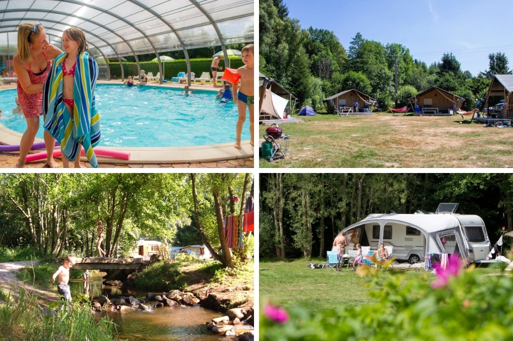 fotocollage van camping Au Clos de la Chaume met een foto van een moeder met een kindje met een handdoek over haar schouders bij het zwembad, een foto van vier safaritenten, een foto van een kindje bij het beekje en een foto van een gezin dat in de zon zit voor hun caravan