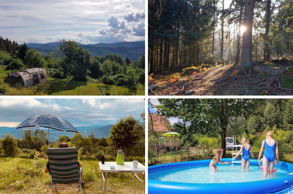 fotocollage van camping Casa Boslimpré in de Vogezen met een foto van een tent met uitzicht over een bergachtige omgeving, een foto van een zonnetje dat door de bomen schijnt, een foto van een man in een campingstoel met uitzicht over de groene bergen en een foto van drie meisjes die in een opzetzwembad spelen