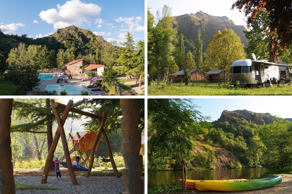 fotocollage van Camping CosyCamp met een foto van de zwembaden, een foto van een caravan en twee safaritenten, een foto van twee kinderen in de speeltuin, en een foto van twee kano's die aan de rand van de rivier liggen