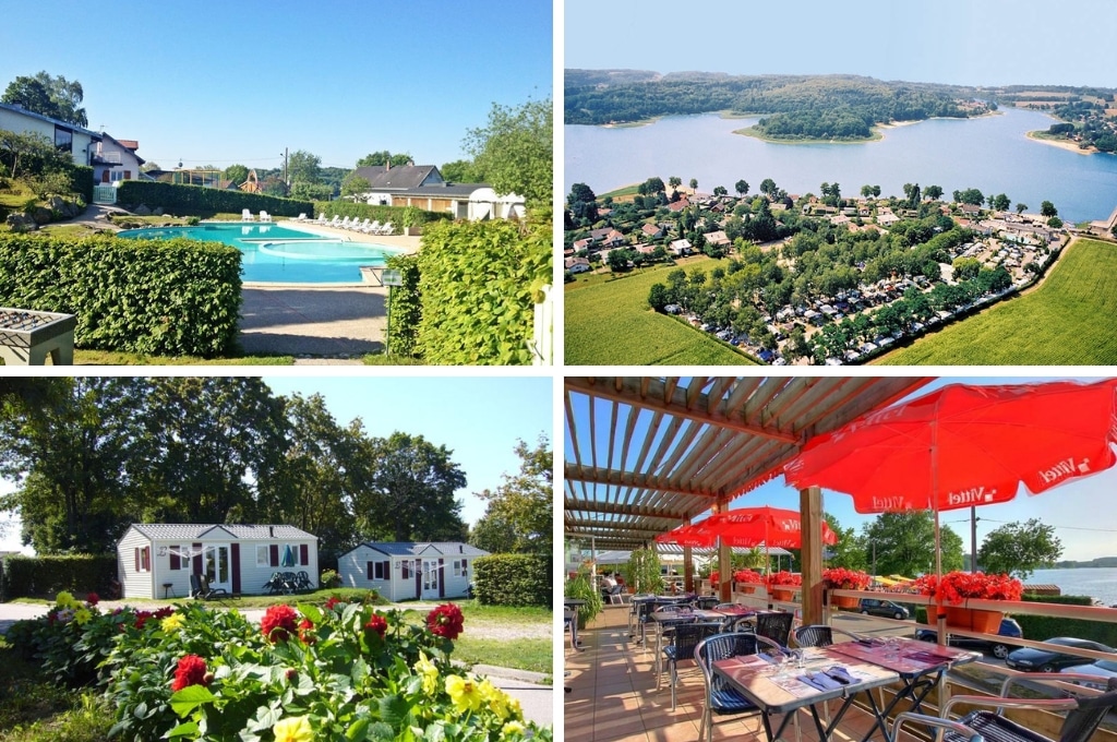 fotcollage van camping Kawan Village Club Lac de Bouzey met een foto van het lege zwembad, een foto van bovenaf met het meer waaraan de camping ligt, een foto van twee stacaravans genomen van achter een struik en een foto van het terras met uitzicht op het meer