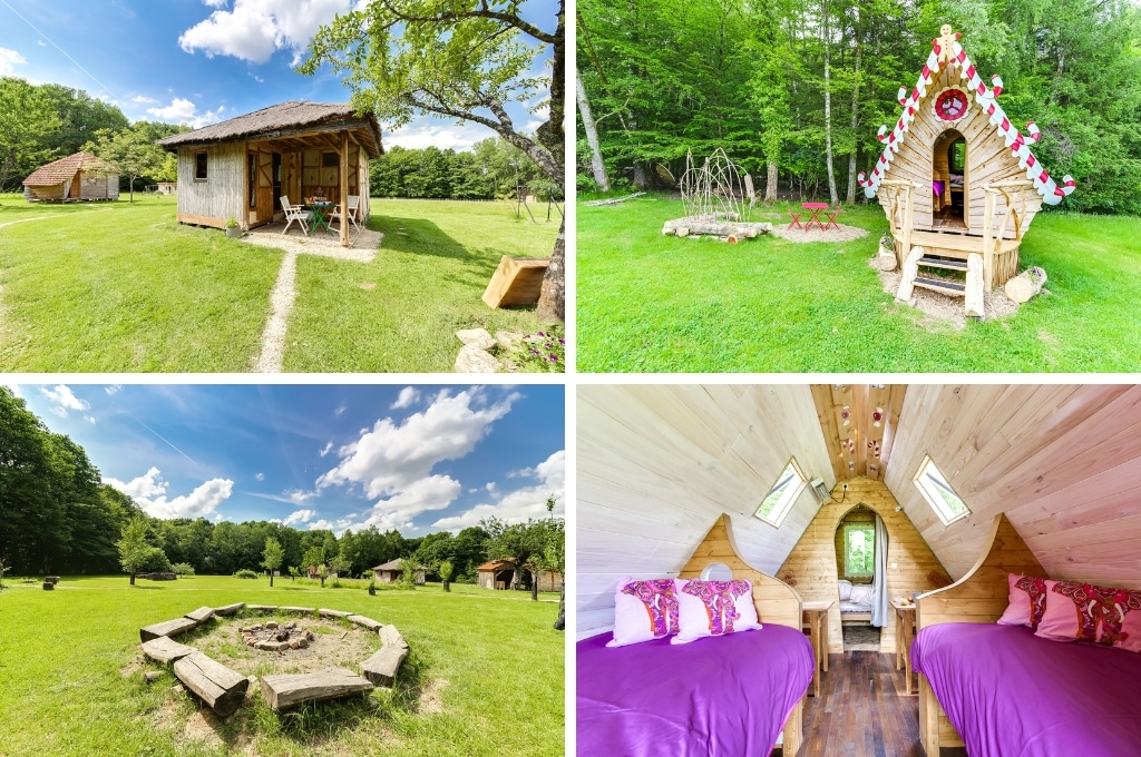 fotocollage van ecocamping La Clairière du Verbamont met een foto van een blokhut, een foto van een ander houten hutje, een foto van de vuurplaats en een foto van de binnenkant van een bijzondere accommodatie met twee eenpersoonsbedden met paars beddengoed