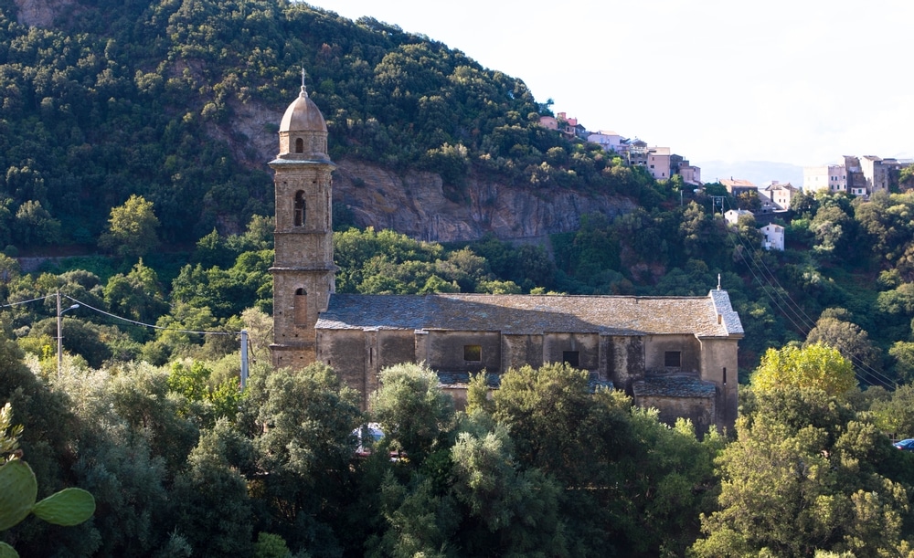 de kerk van San Martinu gelegen tussen de bomen en een rotsachtig landschap in het dorpje Patrimonio op Corsica