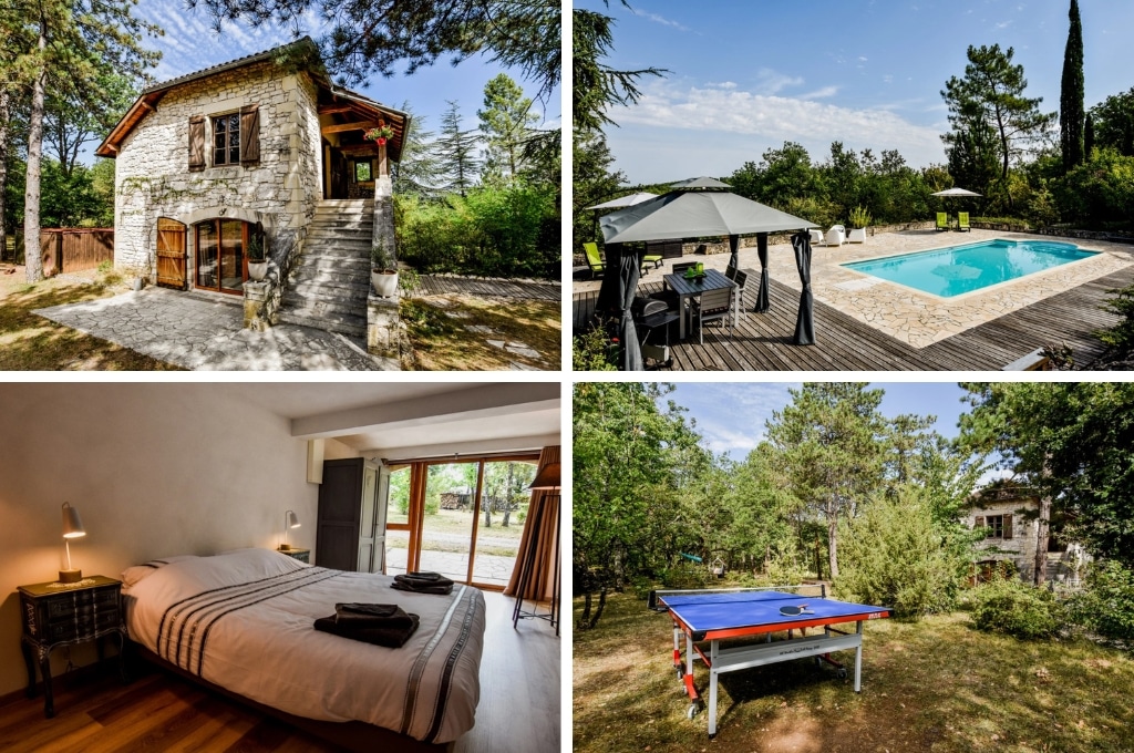 fotocollage van een vakantiehuis in Albas met een foto van de voorkant, een foto van de tuin met terras en zwembad, een foto van een slaapkamer die grenst aan de tuin en een foto van een pingpongtafel in de tuin