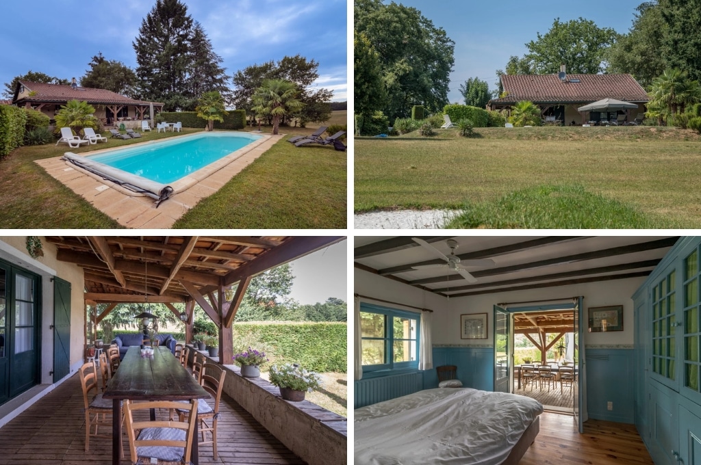 fotocollage van een vakantiehuis in Rouffignac-Saint-Cernin-de-Reilhac met een foto van het zwembad in de tuin, een foto van het huis genomen vanaf het grasveld, een foto van het overdekte terras met lange eettafel en een foto van een slaapkamer met tweepersoonsbed die grenst aan het terras