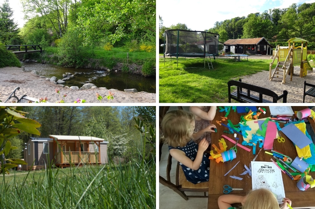 fotocollage van Camping Au Mica met een foto van het beekje, een foto van de speeltuin met trampoline, een foto van een stacaravan en een foto van kindjes die knutfselen aan tafel