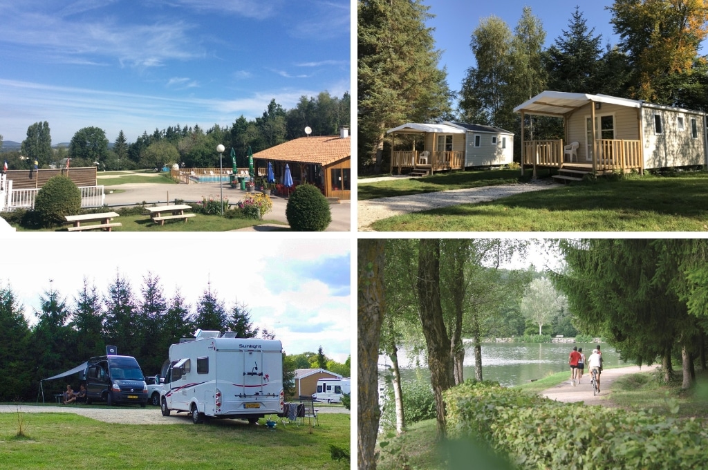 fotocollage van Camping Porte des Vosges met een foto van het uitizicht vanaf de camping met twee picknicktafels en het zwembad, een foto van twee stacaravans, een foto van een paar campers en een foto van een fietspand langs het water, waar mensen hardlopen en fietsen