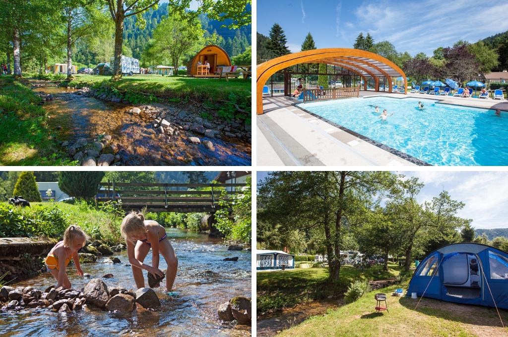 fotocollage van Camping Verte Vallée met een foto van het beekje waaraan caravans en huuraccommodaties staan, een foto van het zwembad met enkele kinderen daarin, een foto van twee kindjes die dammetjes bouwen en een foto van tenten aan beide zijden van het beekje