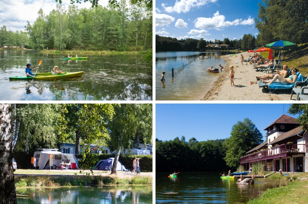 fotocollage van Camping Domaine des Messires in de Vogezen met een foto van een gezin dat aan het kanoën is, een foto van een strandje waar mensen op ligstoelen liggen te zonnen aan het water, een foto van een tentje, caravans en stacaravans aan het water en een foto van kinderen die in het water spelen en twee knao's op het water