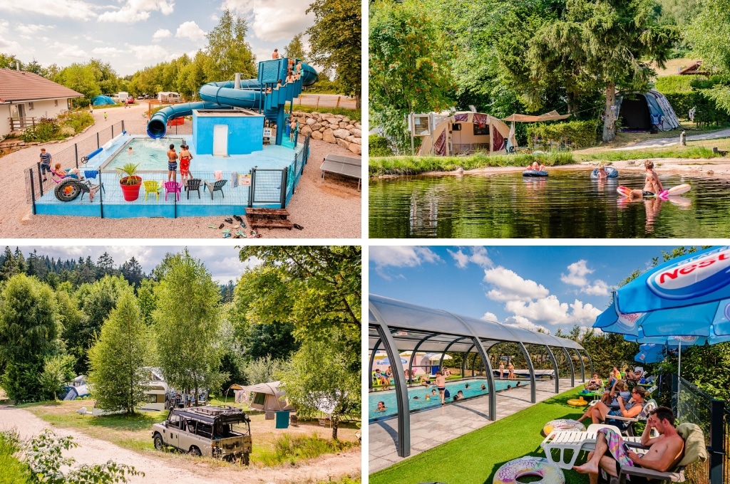 fotocollage van Flower Camping La Sténiole met een foto van het buitenzwembad met waterglijbaan, een foto van een man en twee kinderen die op opblaasbanden en luchtbedjes op het meer dobberen, een foto van een paar kampeerplaatsen en een foto van het zwembad waarin kinderen zwemmen en waaromheen volwassenen in de schaduw op zonnebedjes liggen