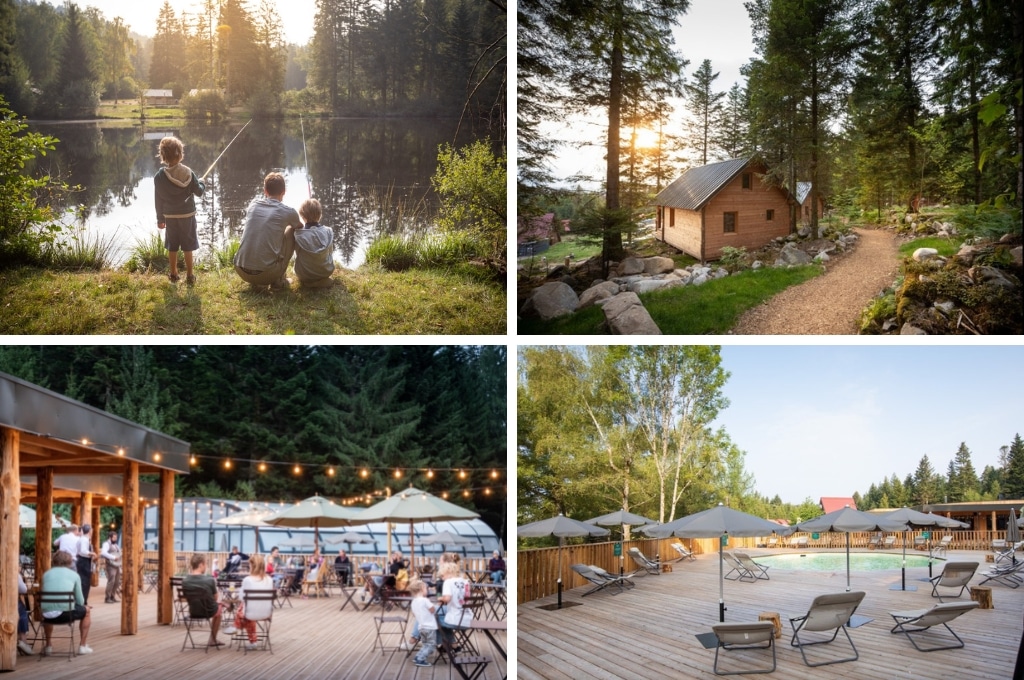 fotocollage van Village Huttopia Forêt des Vosges met een foto van een vader met twee zoons die in het meer aan het vissen zijn, een foto van een houten vakantiechalet in het bos, een foto van het houten terras dat redelijk druk is en een foto van het lege terras met strandstoelen en parasols bij het zwembad