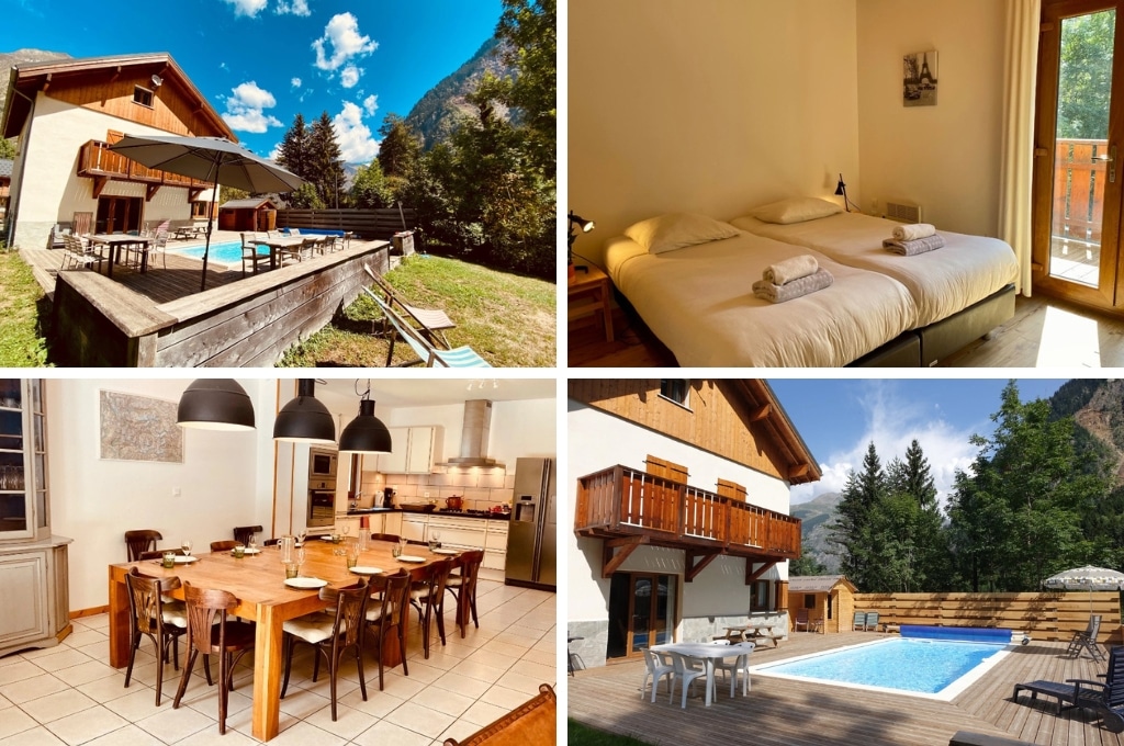 fotocollage van een vakantiehuis in de Franse Alpen met een foto van het huis met zwembad, een foto van een slaapkamer met twee eenpersoonsbedden die aan elkaar staan, een foto van de keuken met grote eettafel en een foto van het terras met lege zwembad