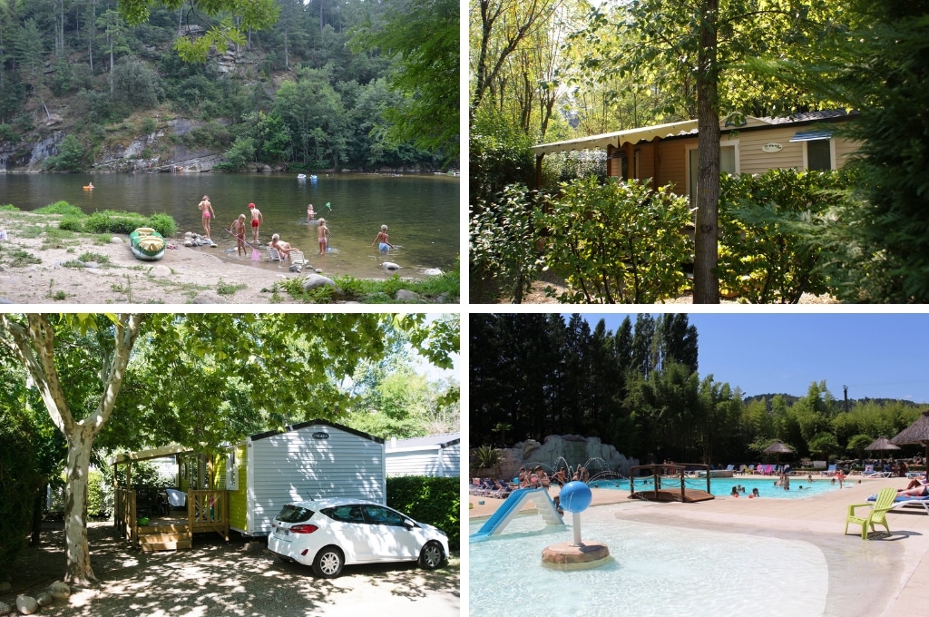 fotocollage van Camping Domaine De Gil met een foto van kinderen die met visnetjes in de rivier lopen, een foto van een stacaravan achter een struik, een foto van een stacaravan met daarnaast een witte auto, en een foto van het zwembad met peuterbad en daarin waterspeeltoestellen