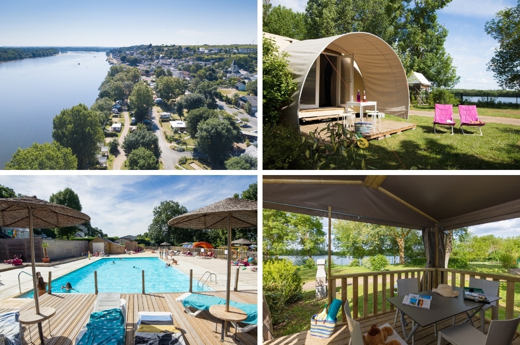 fotocollage van Camping L'Isle Verte met een luchtfoto van de bezette kampeerplaatsen aan de rivier, een foto van een COCO Sweet tent met houten terras, een foto van het zwembad waarin kinderen zwemmen en rondom bedjes met handdoeken staan, en een foto van het overdekte terras van een lodgetent