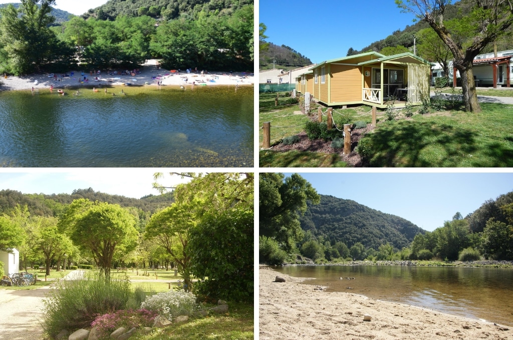 fotocollage van Camping La Charderie met een luchtfoto van de rivier en mensen op het strand, een foto van een houten stacaravan, een foto van lege kampeerplaatsen, en een foto van het strandje aan de rivier