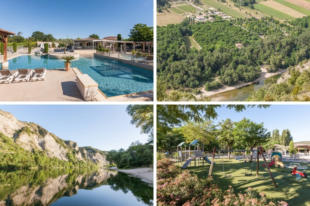 fotocollage van Camping La Plaine met een foto van het lege zwembad, een luchtfoto van het kampeerterrein aan de rivier, een fot van de rivier met kliffen en een strandje aan de zijkant, en een foto van de speeltuin