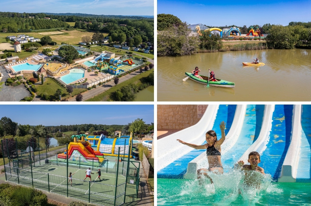 fotocollage van Camping Le Carbonnier met een luchtfoto van de camping, een foto van kinderen in kano's, een foto van het sportveld en de springkussens op de camping, en een foto van een jongetje en een meisje die de vierdubbele glijbaan afroetsjen