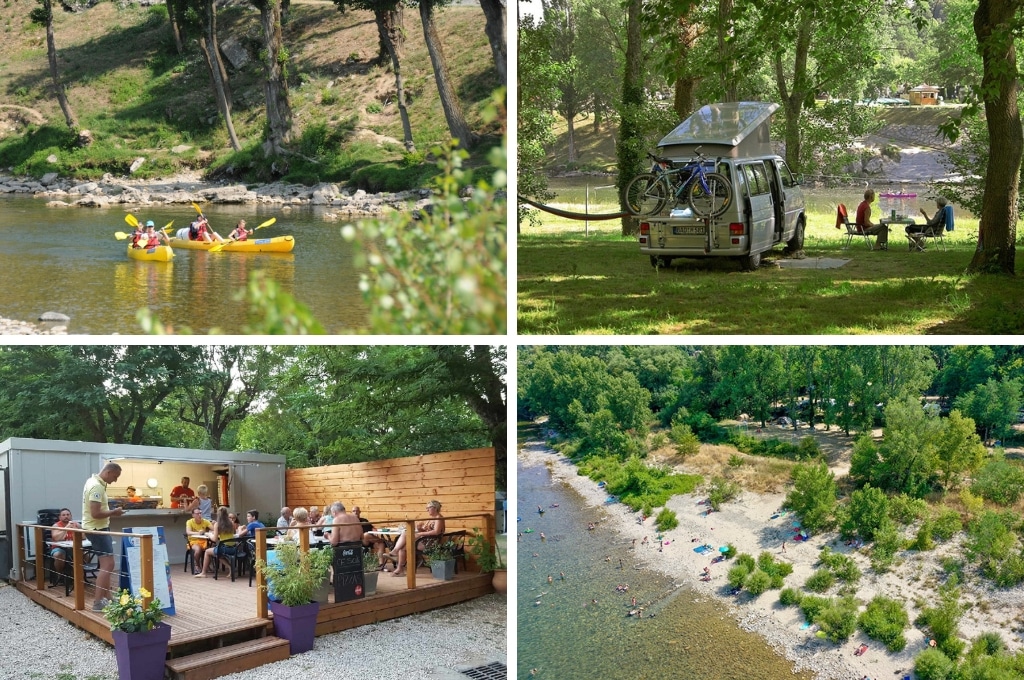 fotocollage van Camping Le Clapas met vier mensen die in twee gele kano's varen, een foto van een stel dat aan een tafel naast hun camperbusje zit, een foto van het houten terras bij de snackbar dat vol mensen zit, en een luchtfoto van de rivier en het kiezelstrand met veel mensen