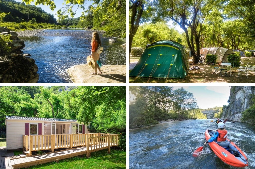 fotocollage van Camping Les Actinidias met een foto van een meisje met witte rugzak die naar de rivier kijkt, een foto van tenten tussen de bomen, een foto van een stacaravan met houten veranda, en een foto van een meisje met witte helm in een opblaaskano.