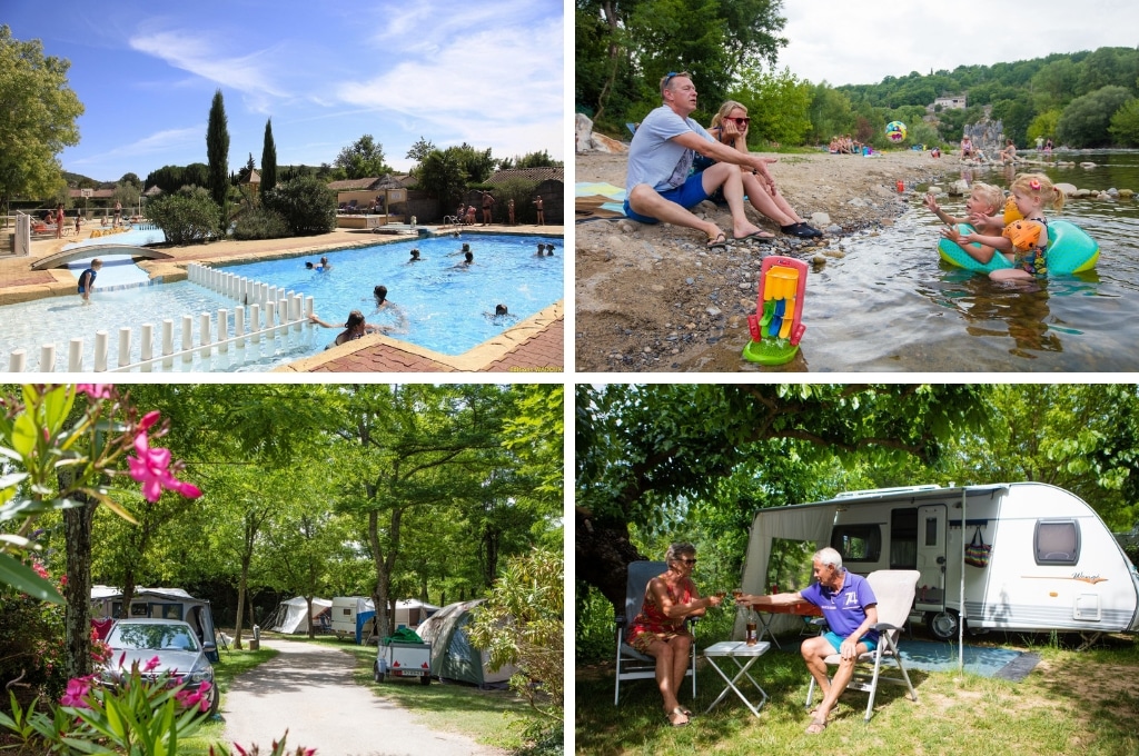 fotocollage van Camping Les Coudoulets met een foto van het zwembad waarin mensen zwemmen, een foto van een gezin op het kiezelstrand aan de rivier, een foto van bezette kampeerplaatsen op de camping, en een foto van senioren die proosten met een glas rosé voor hun stacaravan